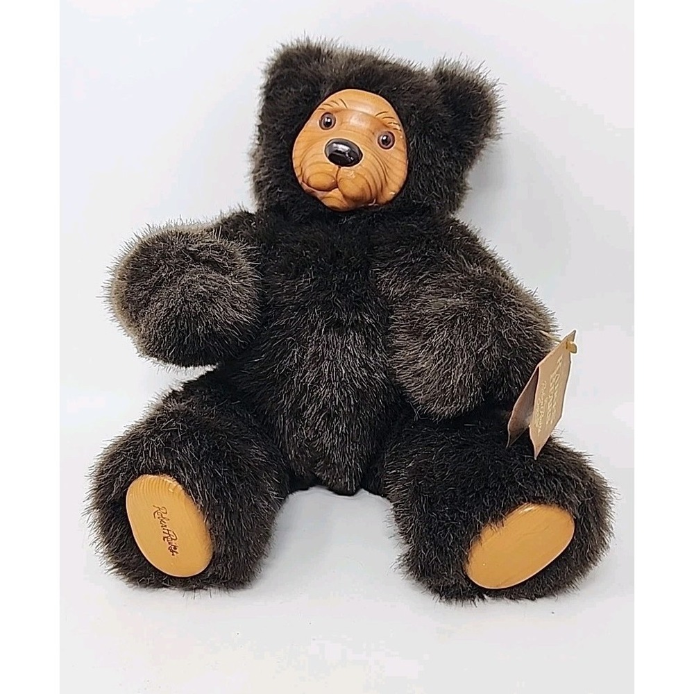 VINTAGE Robert Raikes Original 11" Wooden Faced Brown‎ Bear w/Attached Tags NWT